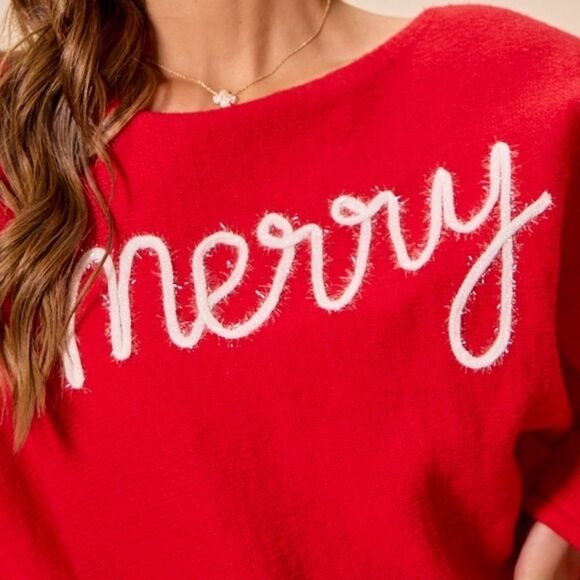 SO ME Tinsel Letters Cozy Christmas Sweater Baggy Top Red 'Merry' Text size Medi - Picture 4 of 11